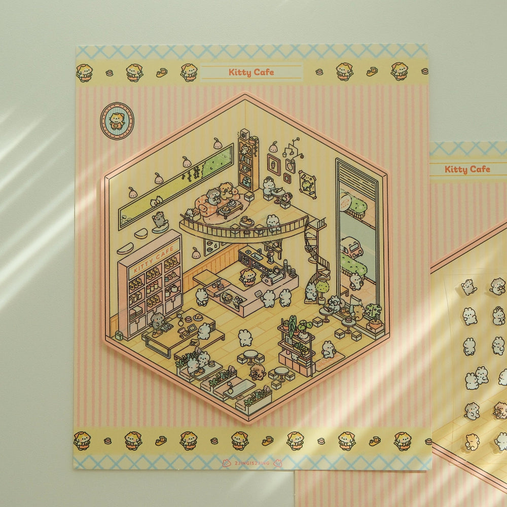Illustration of a Kitty Cafe with various cat-themed elements on a patterned background.