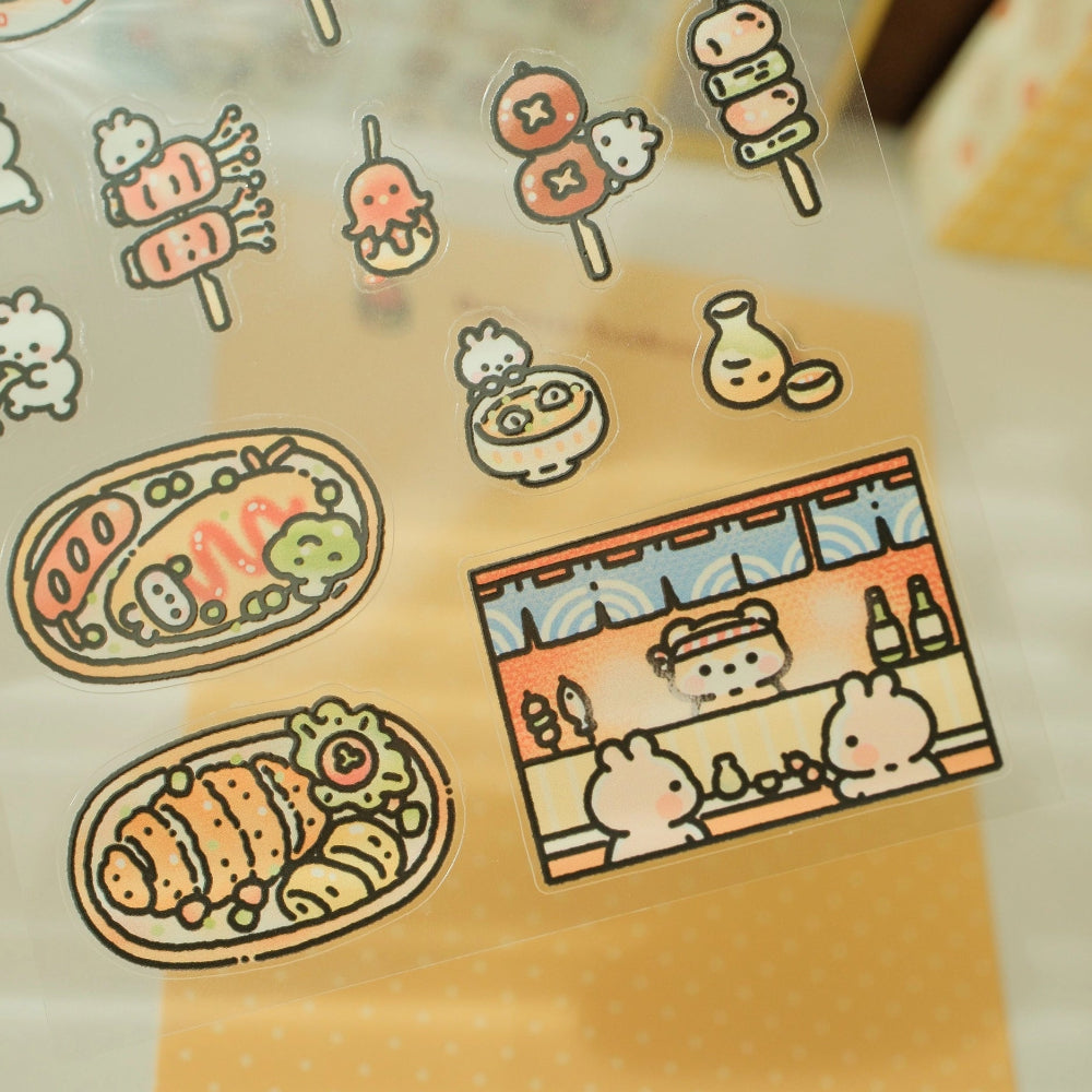 Transparent sheet with cute food and character illustrations on a beige background