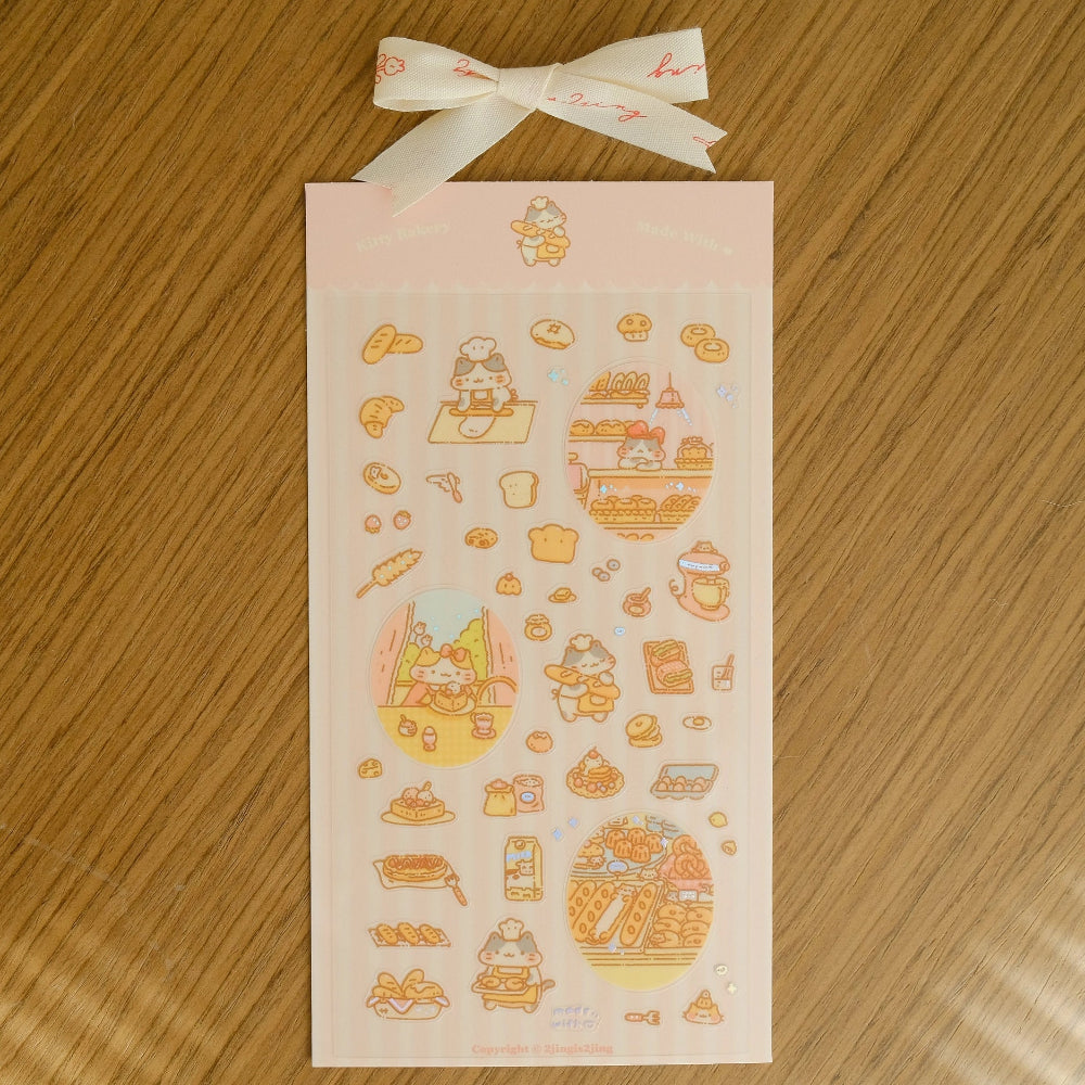 Kitty at a bakery sticker sheet on a wood background