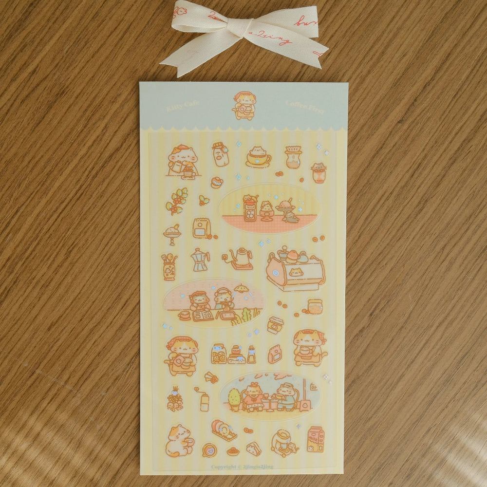 Kitty Cafe Sticker Sheet on a wood background