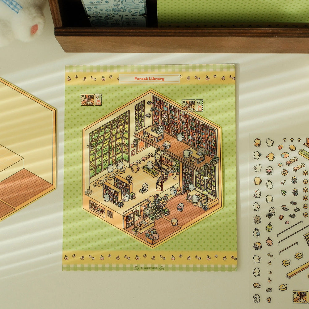 Isometric design of a forest library on a green background with icons on the sides.