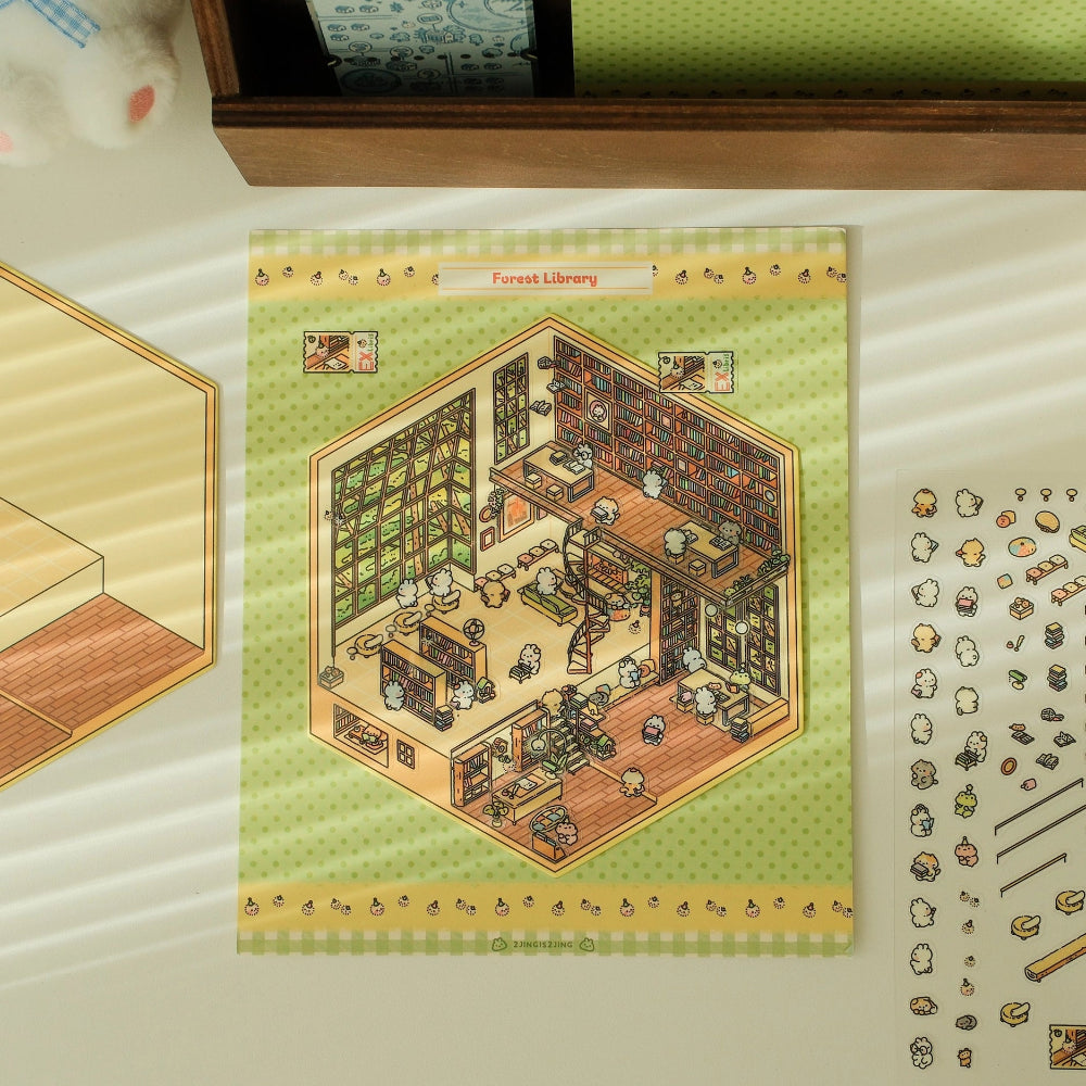 Isometric design of a library with books and furniture on a green background
