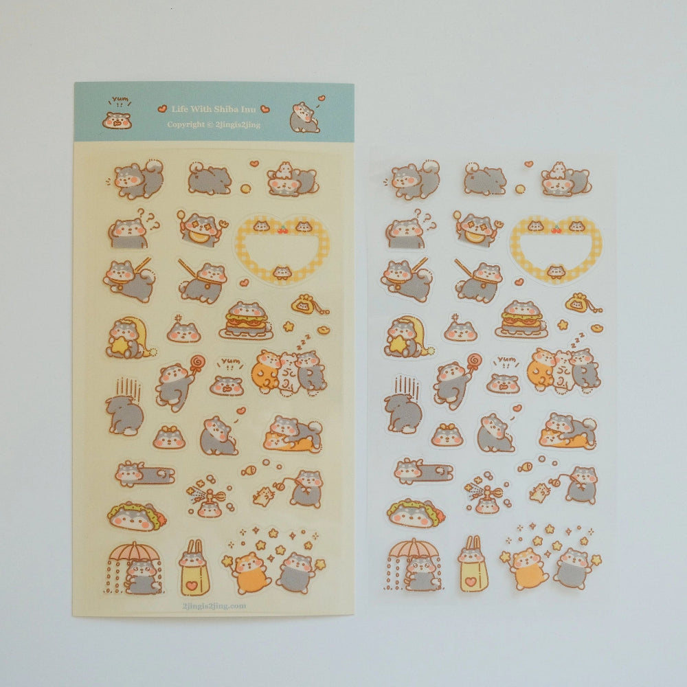 Two sheets of cute shiba-themed stickers on a light gray background