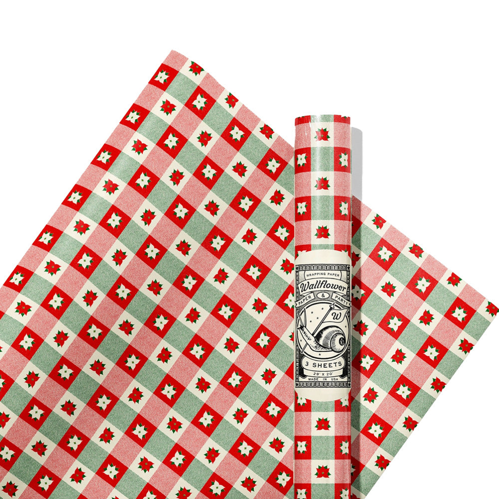 Poinsettia Plaid Wrapping Paper- Roll of 3 Sheets
