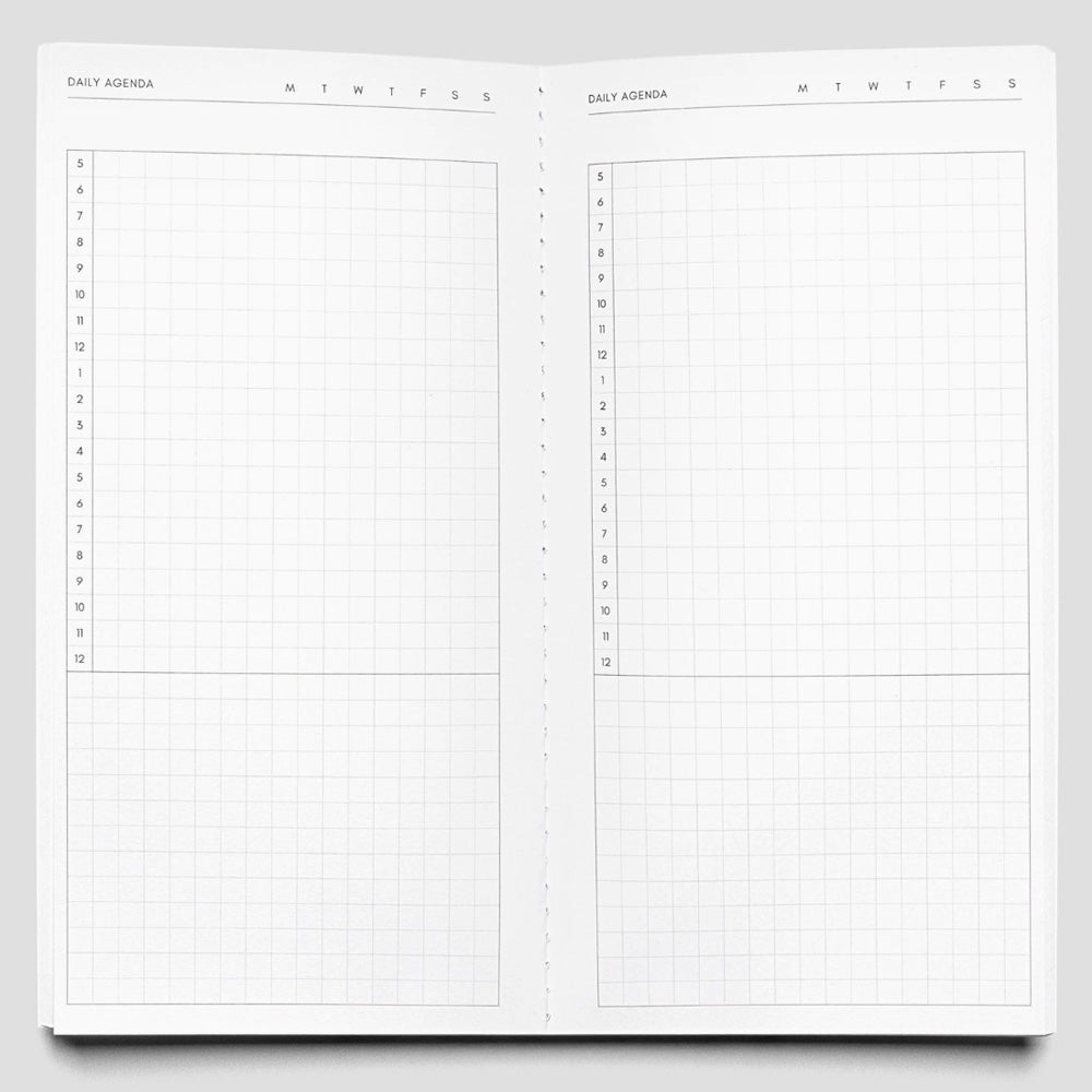 Two pages of a daily agenda planner with grid lines on a white background