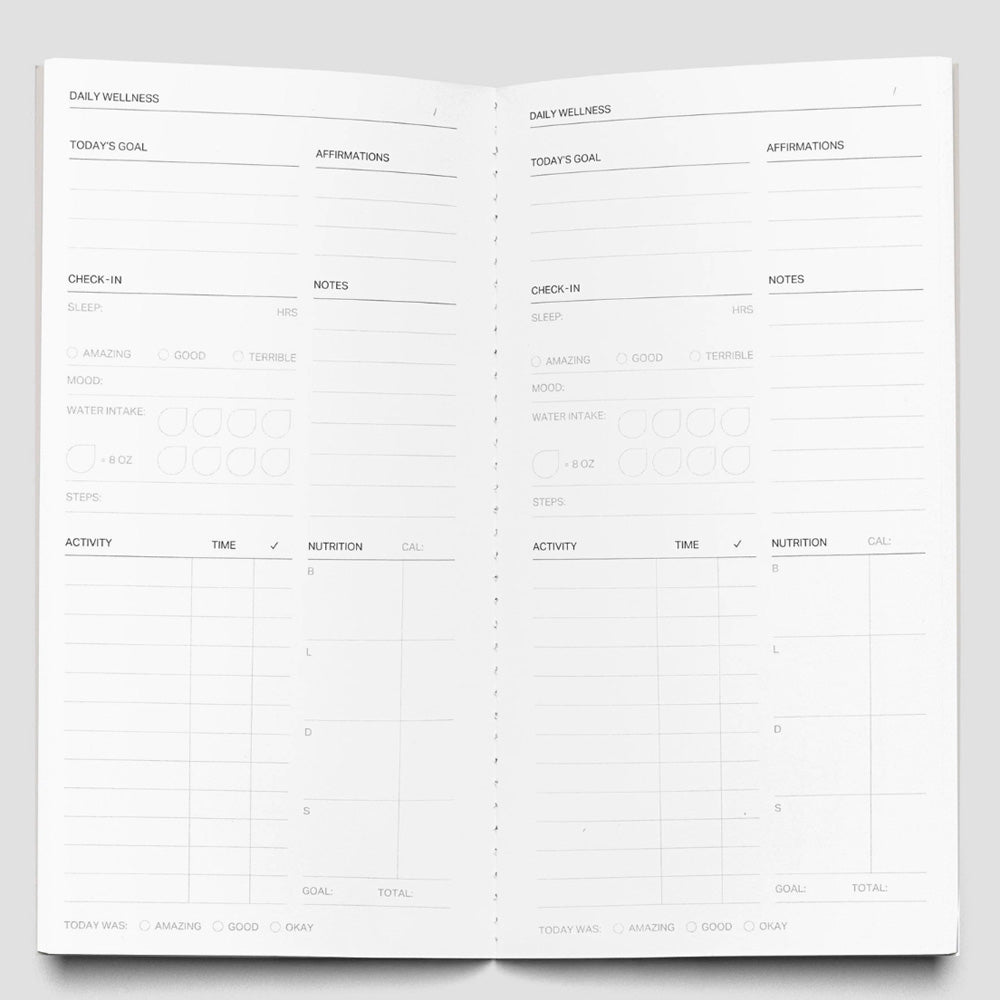 Two open pages of a daily wellness planner on a white background