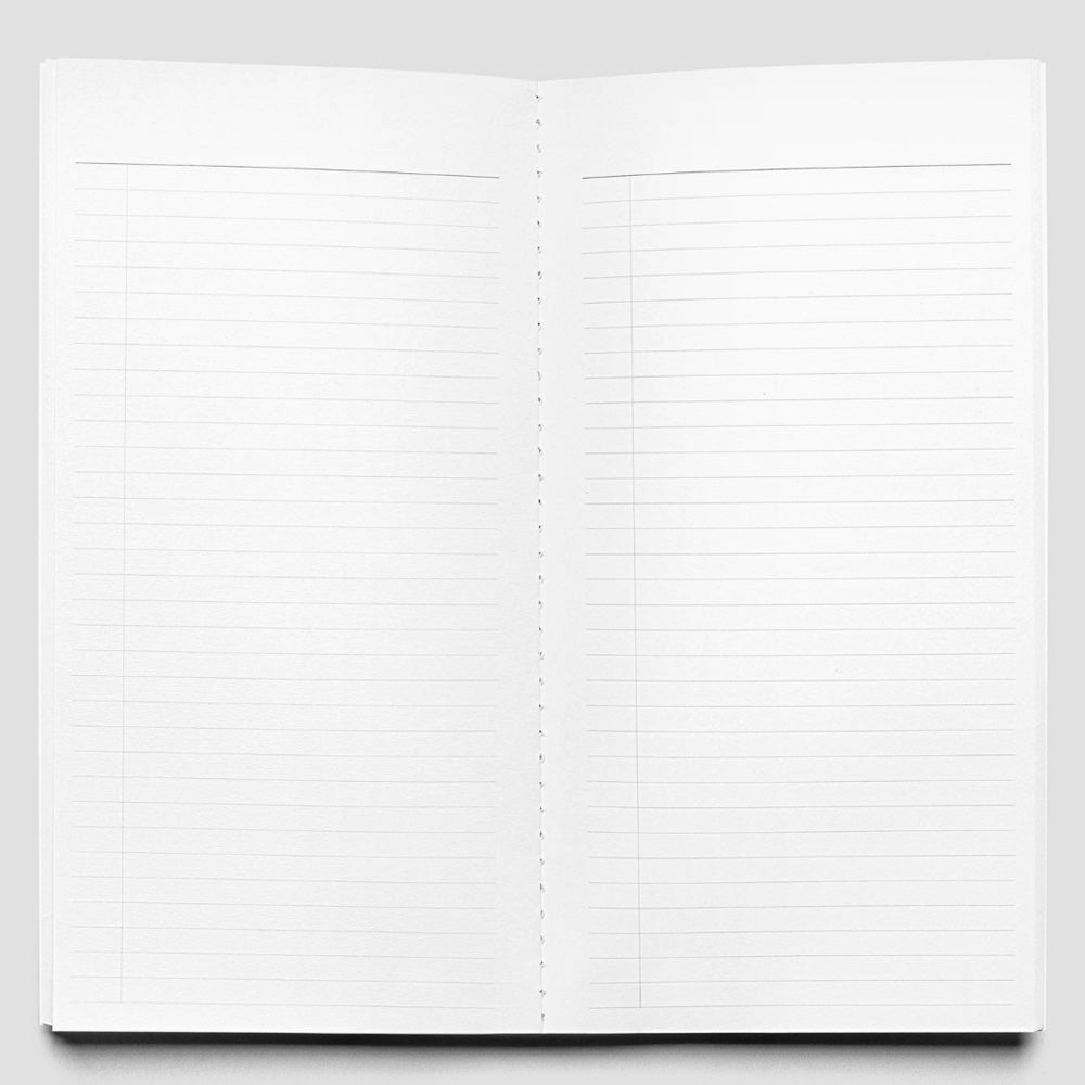 Open notebook with lined pages on a white background
