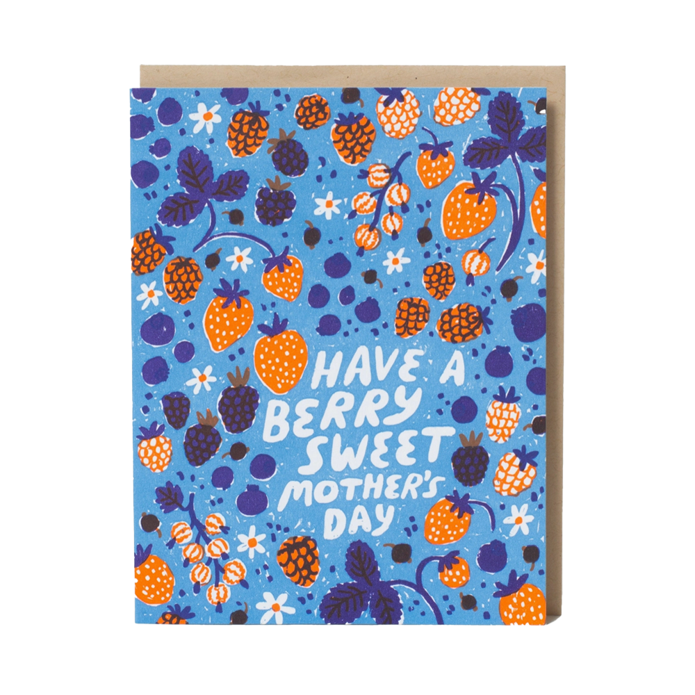 Greeting card with berry pattern and 'Have a berry sweet Mother's Day' text on a blue background