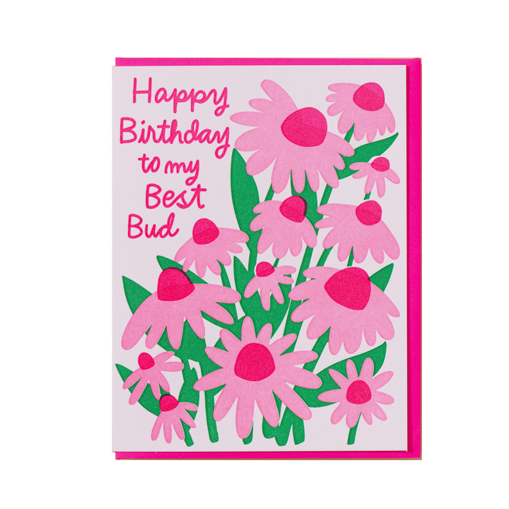 Greeting card with pink flowers and 'Happy Birthday to my Best Bud' text on a white background