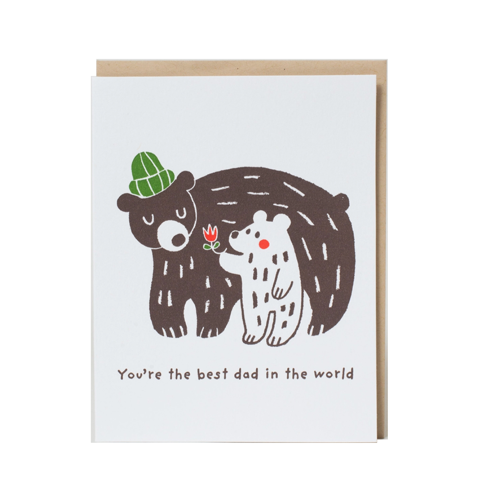 Greeting card with illustration of two bears and text 'You're the best dad in the world' on a white background.