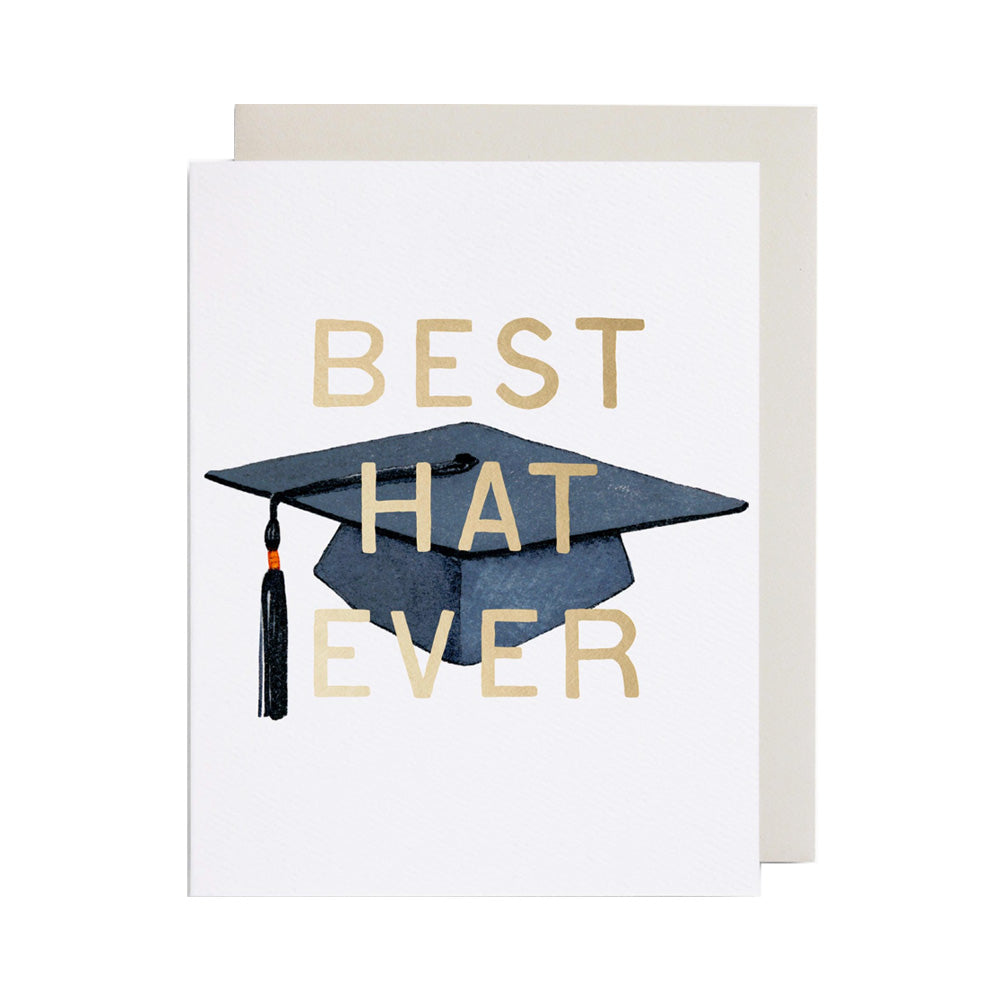 Graduation card with a blue cap and tassel, and 'Best Hat Ever' text on a white background.
