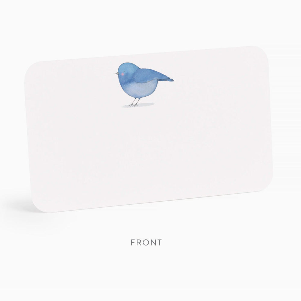 Example of front of card, blue bird on white background with rounded corners.