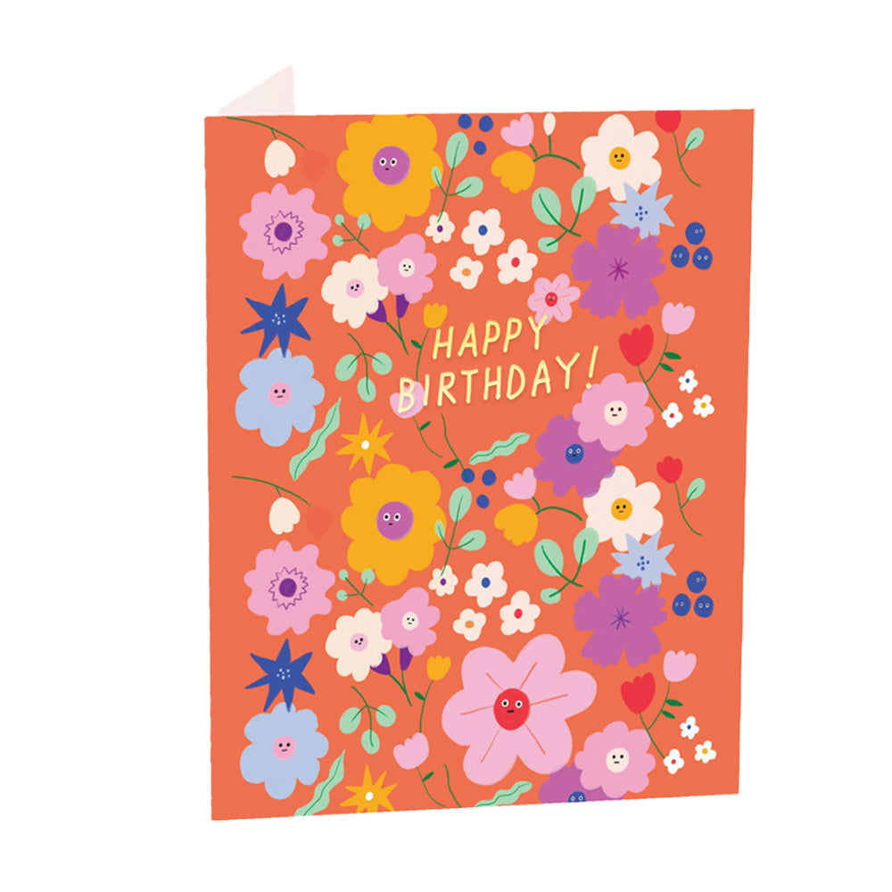 Colorful floral birthday card with 'Happy Birthday!' text on an orange background