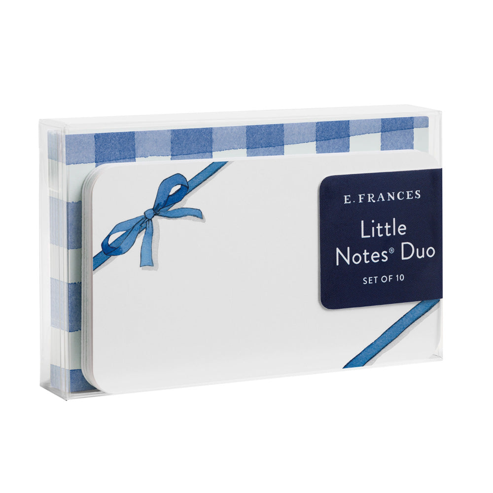 Set of E. Frances Little Notes with blue checkered envelope and ribbon on cards on a white background