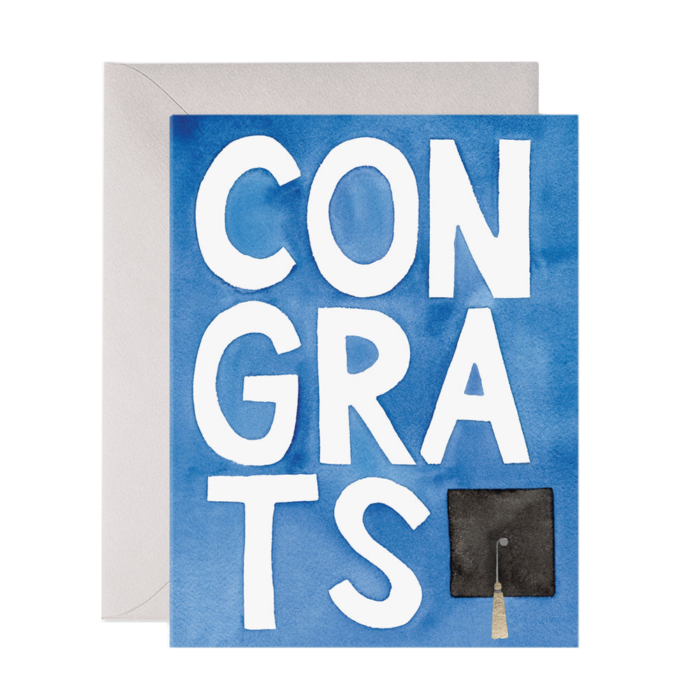 Graduation-themed card with 'CONGRATS' text and a graduation cap on a blue watercolor background.