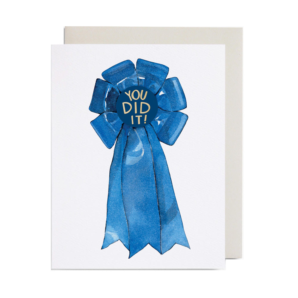 Greeting card with a blue ribbon and 'YOU DID IT!' text on a white background