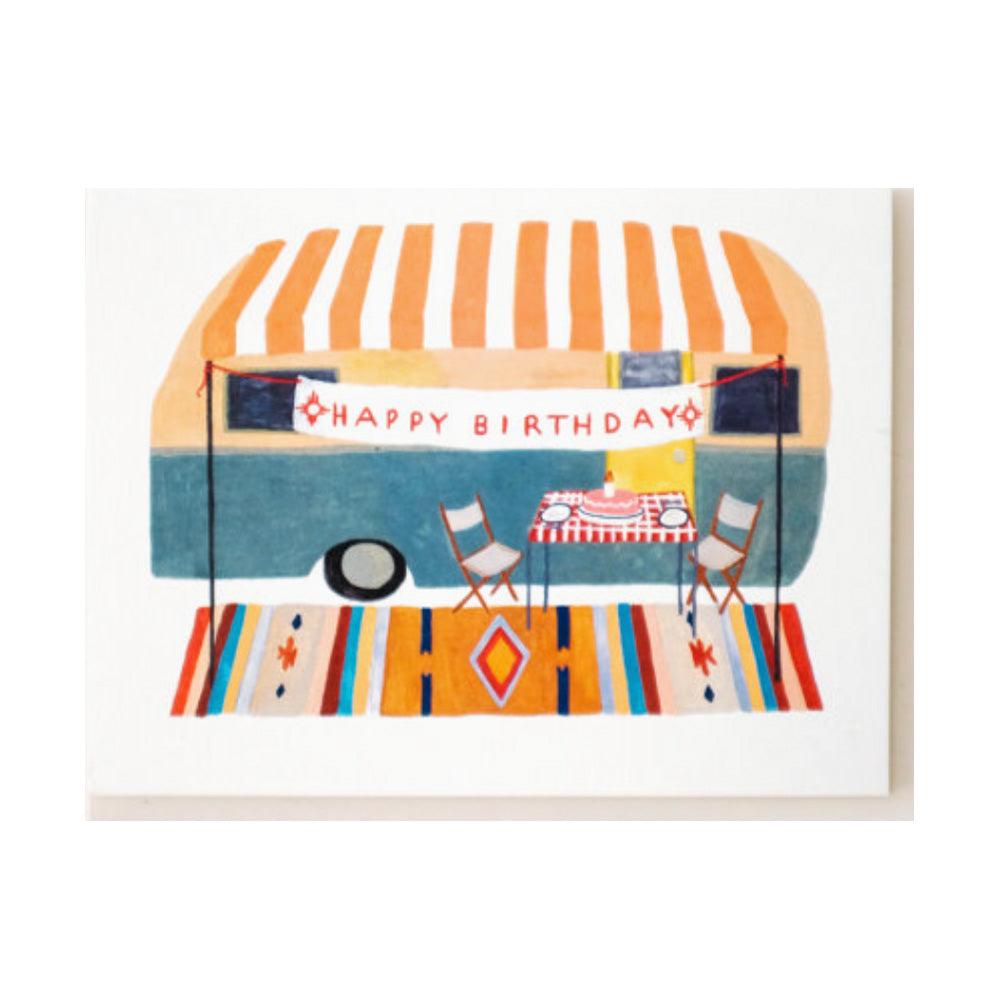 Birthday card with a camper illustration and 'Happy Birthday' text on a white background