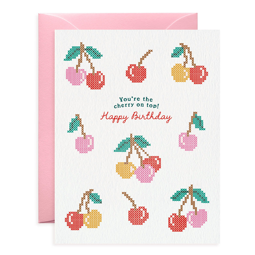 Cherry Cross-Stitch Birthday Card