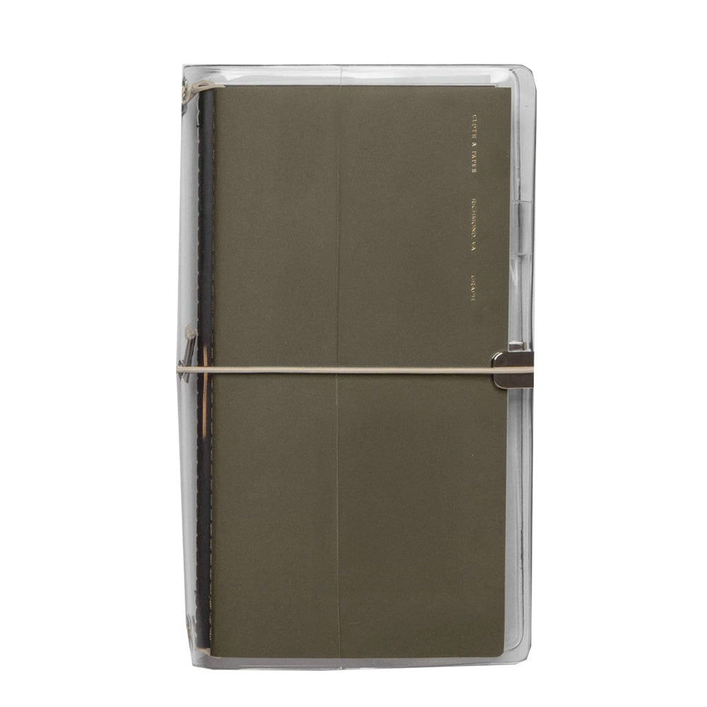 Photo of slim notebook in a clear cover closed with a band