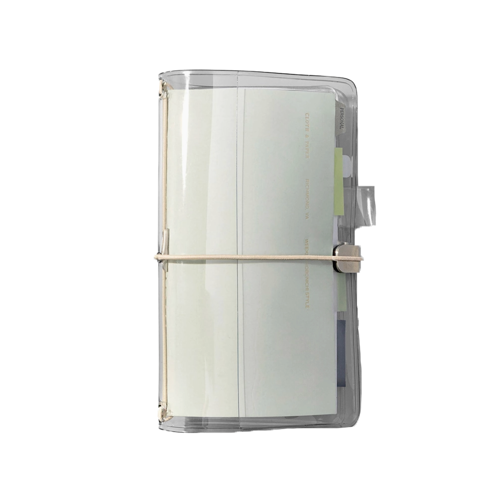 Clear plastic cover with beige strap on a white background