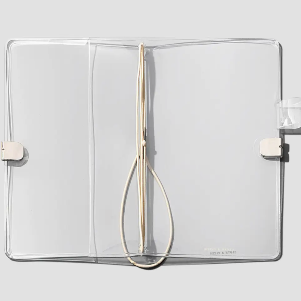 Clear plastic cover with a beige strap on a light gray background