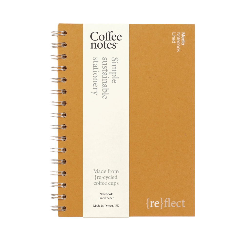 A spiral-bound notebook with a kraft brown cover and a vertical cream paper band around the middle. The band reads 'Coffee notes' and 'Simple sustainable stationery,' and the cover also shows the 're:flect' logo.