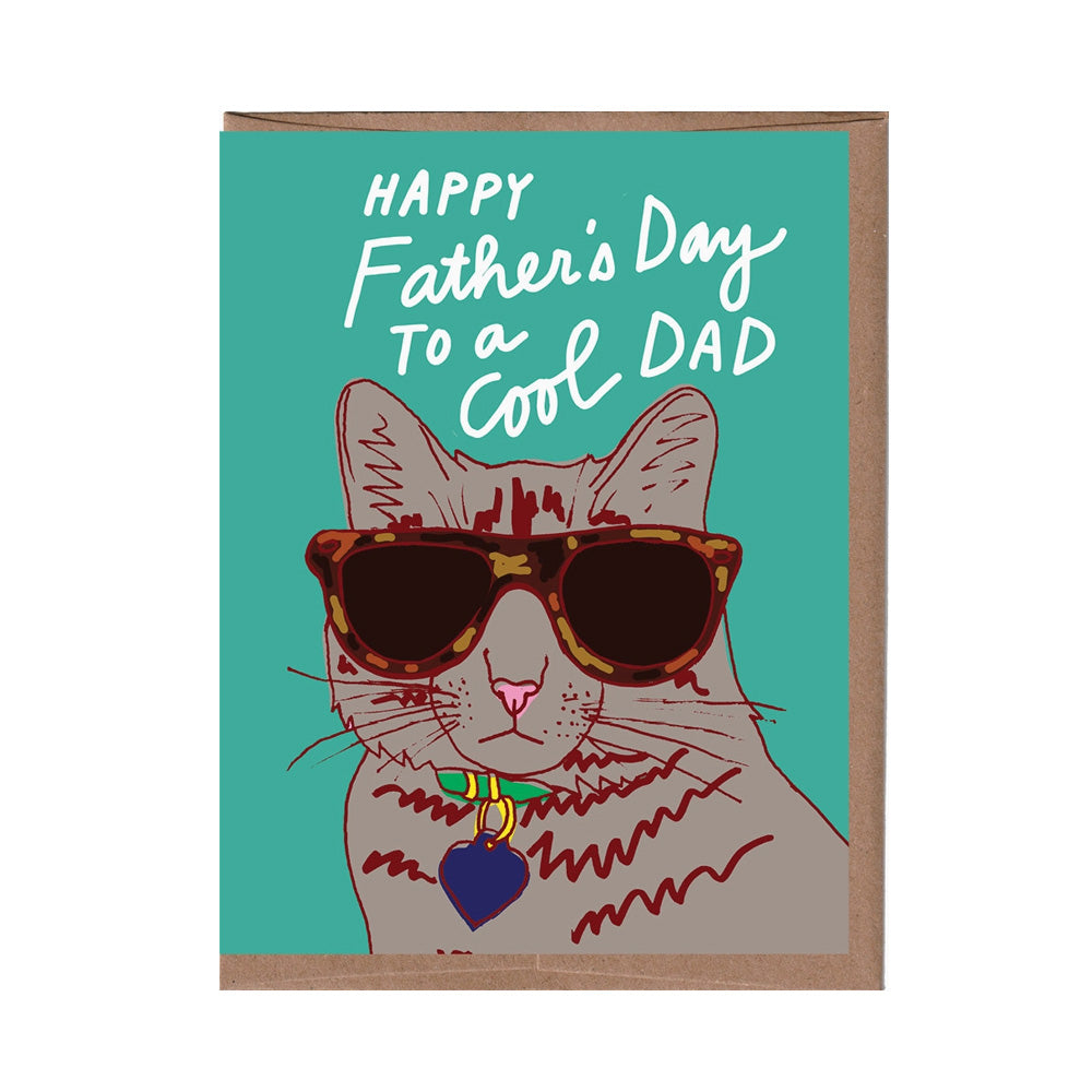 Father's Day card with a cat wearing sunglasses and text on a teal background "Happy Father's Day to a cool dad" 