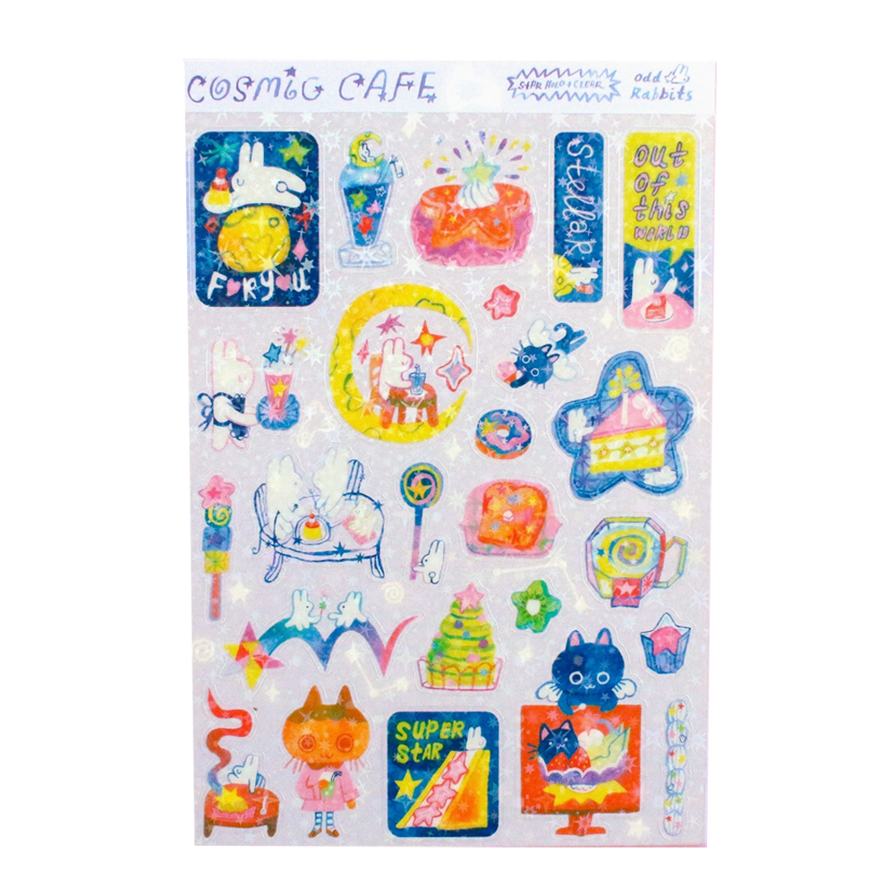 Sheet of colorful stickers with various designs on a white background, labeled 'Cosmic Cafe'.