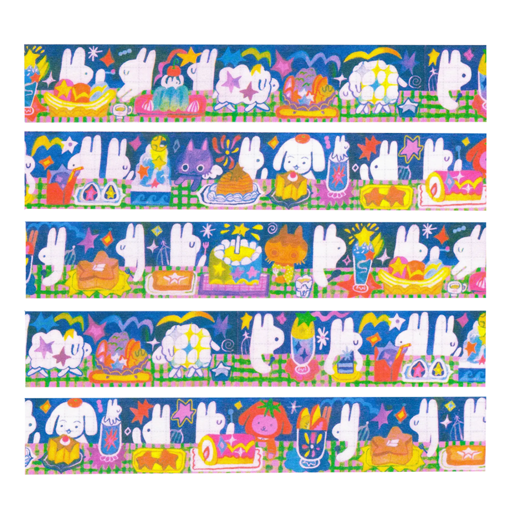 5 lines of washi tape with rabbits and cats celebrating a party