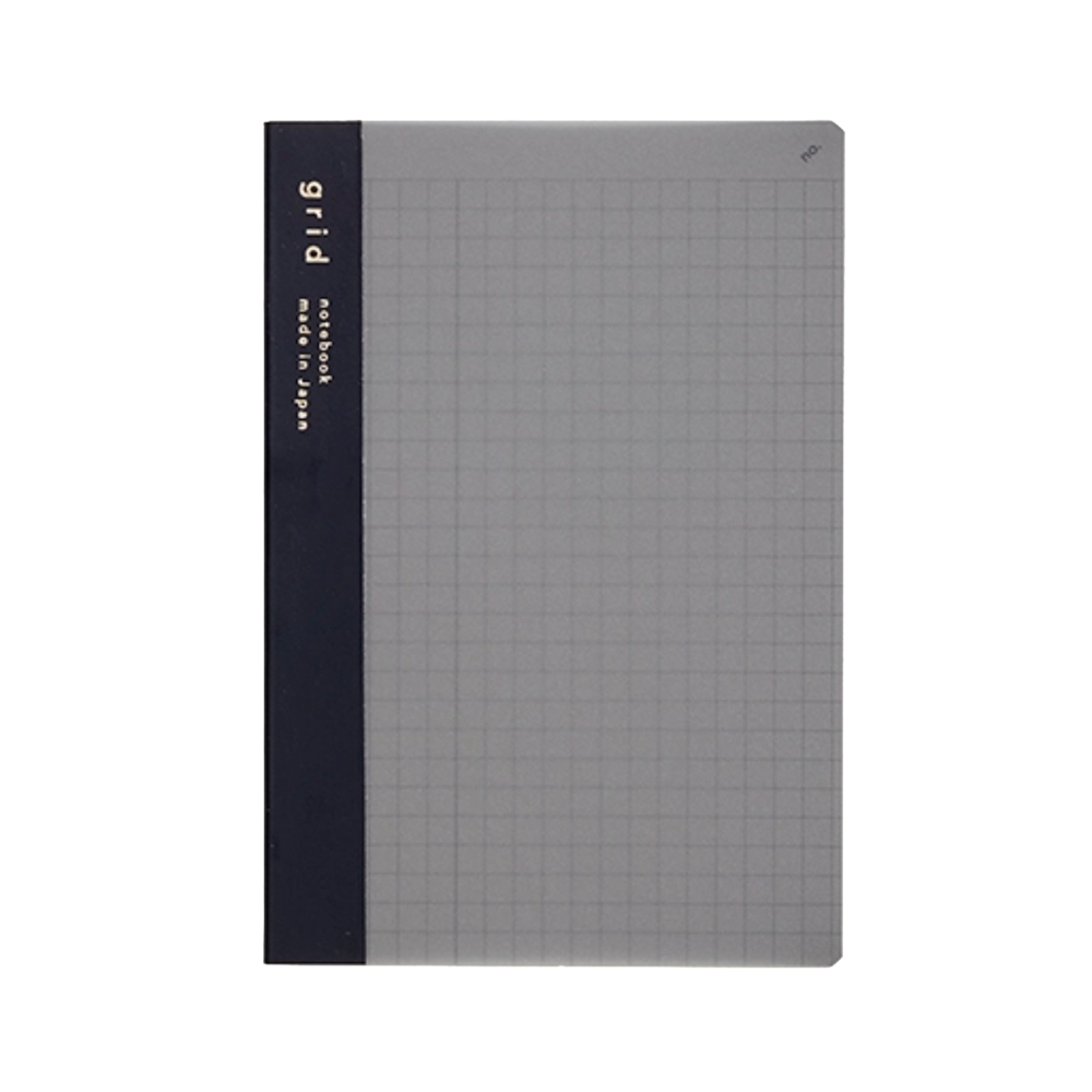 Black and gray notebook with  grid pattern. Edge says grid in gold foil.