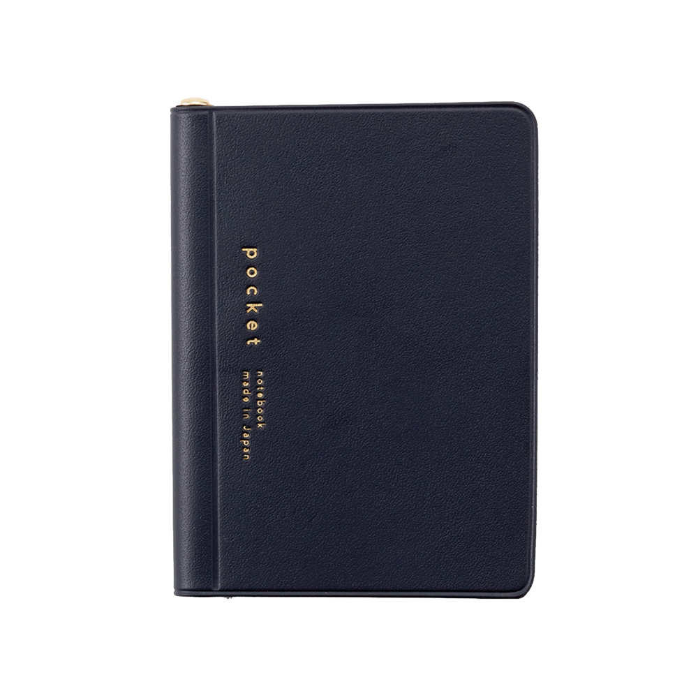 A photo of a black pocket notebook with rounded corners on a white background.