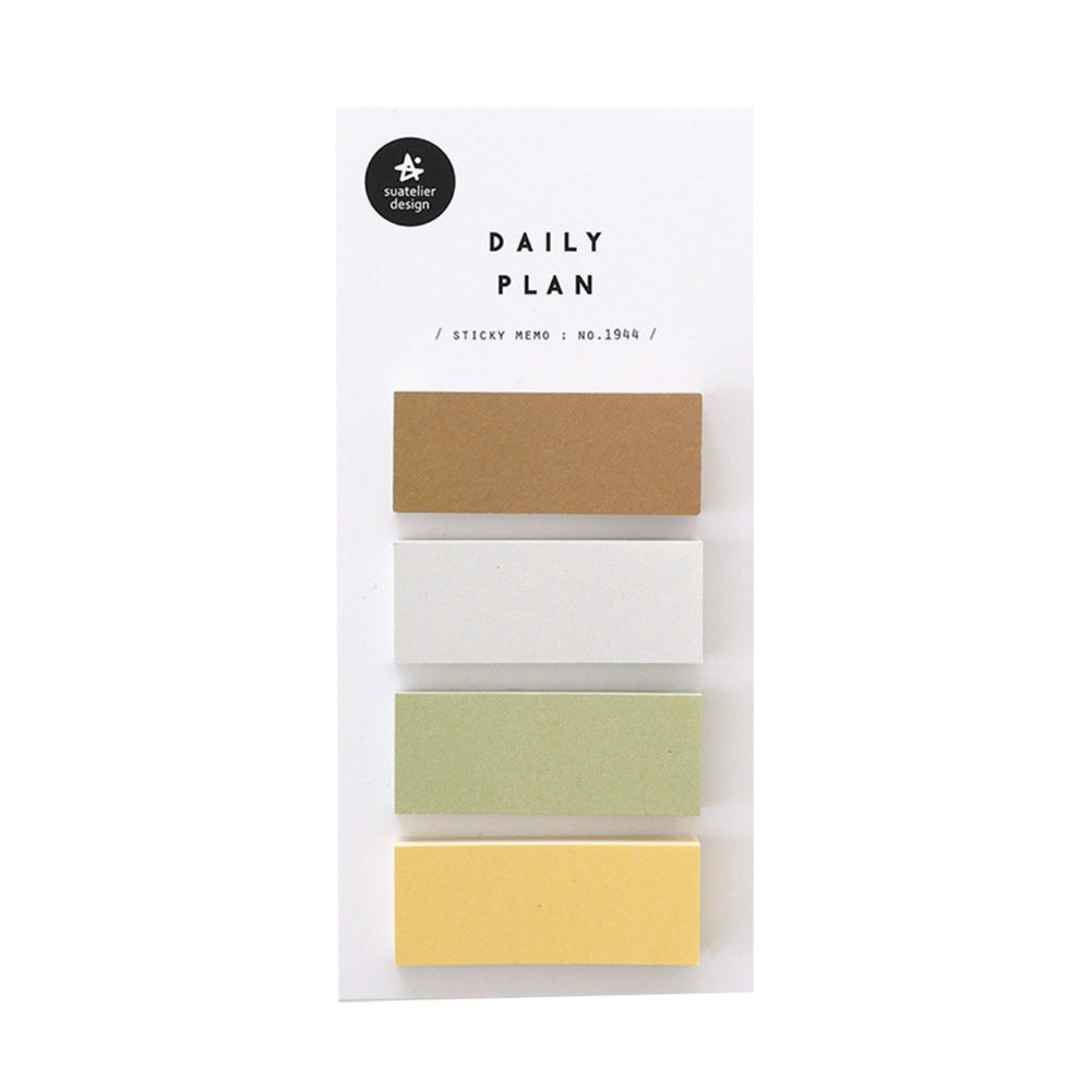 Pack of rectangle sticky notes with a variety of colors including brown, white, green, and yellow, branded as Daily Plan.