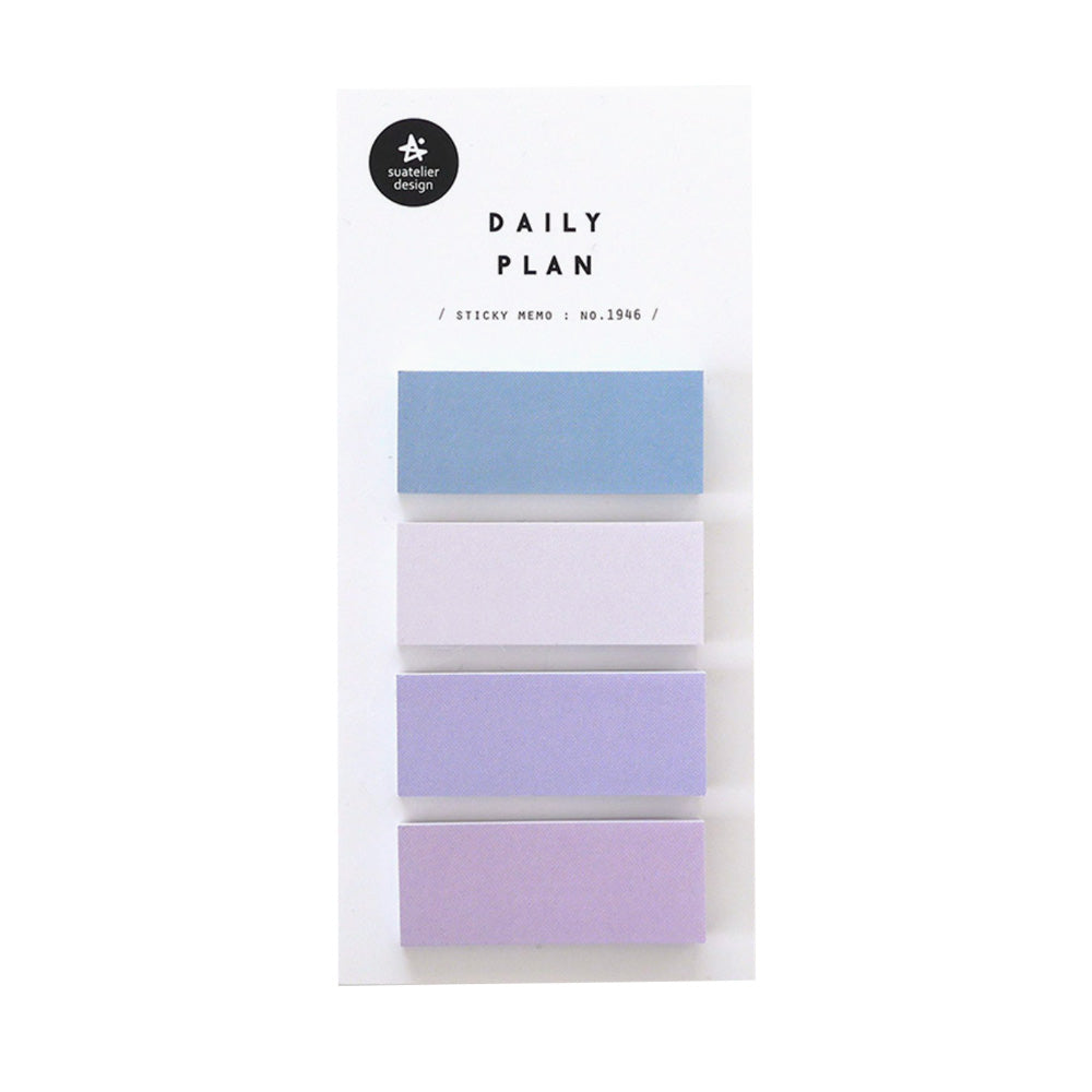 A pack of rectangle sticky notes in varying shades of blue and purple on a white background.