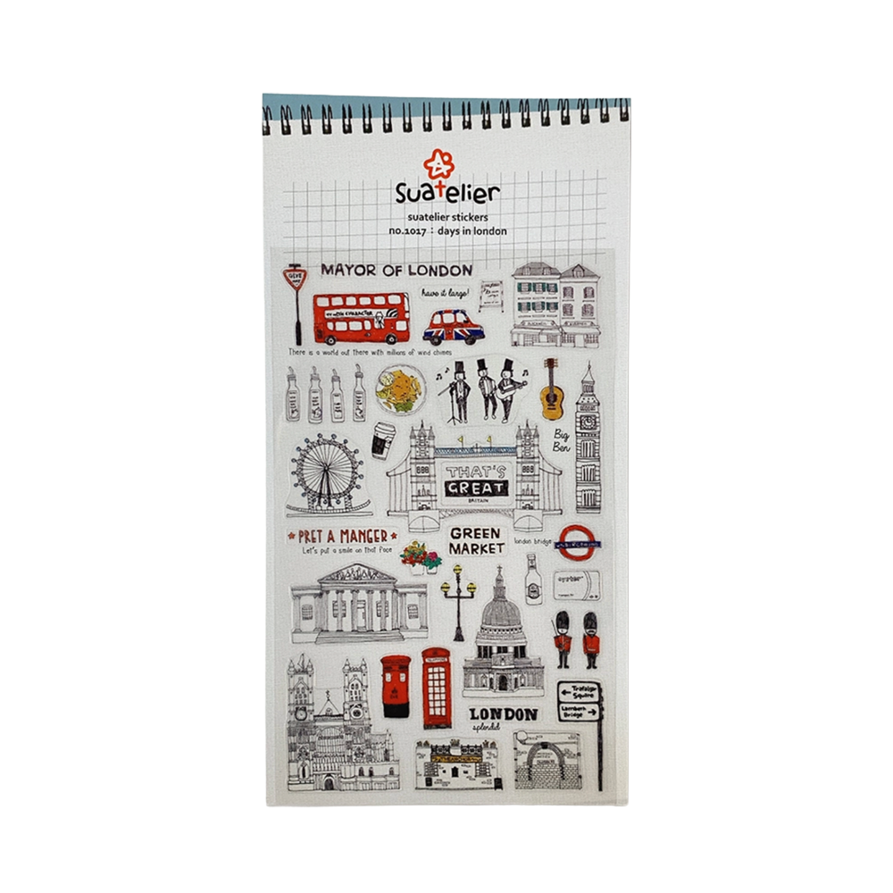 A Suatelier sticker sheetfeaturing London-themed illustrations such as red buses, a London Eye, red telephone booths, the Big Ben, and street signs, shown on a plain white background.
