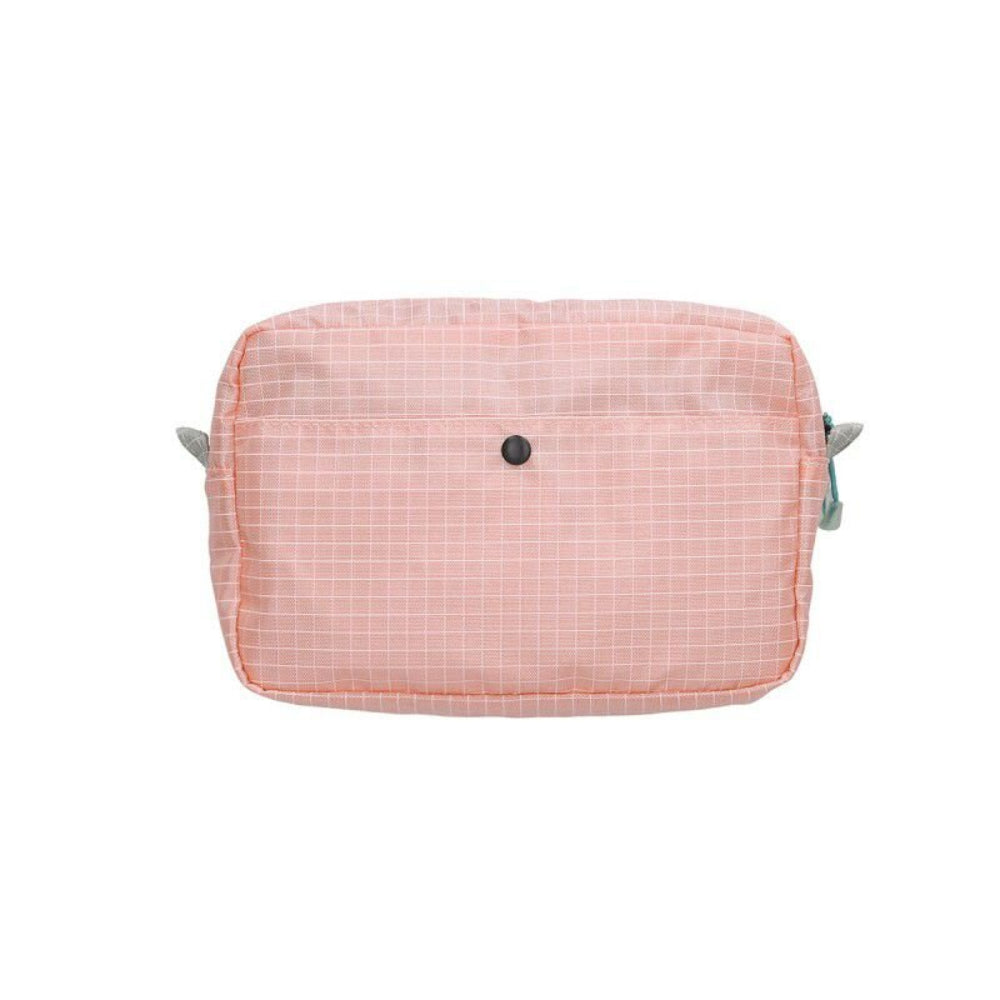 Pink grid-patterned pouch with a black button on a white background