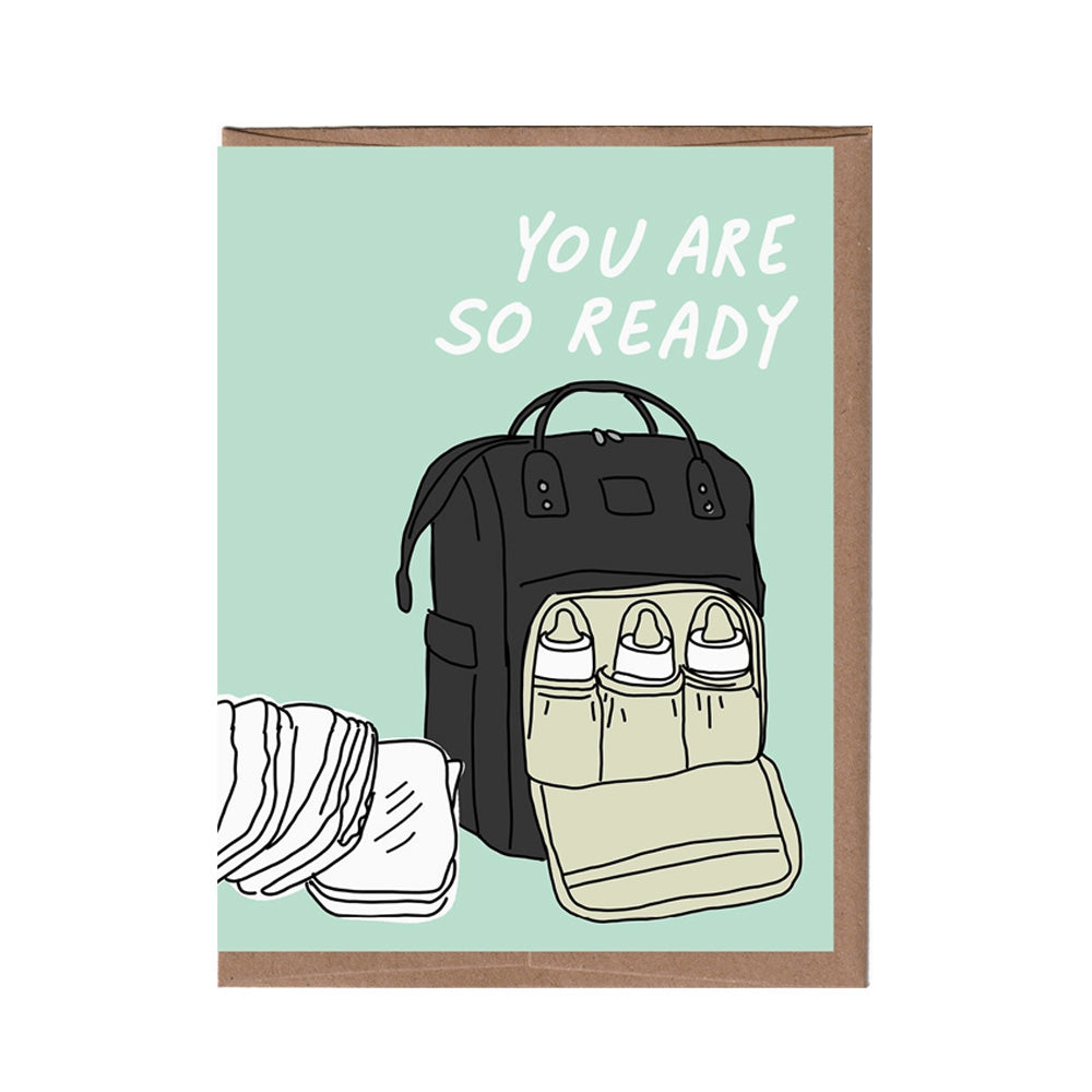 Illustration of a diaper bag with bottles and wipes on a light green background with text 'You are so ready'.