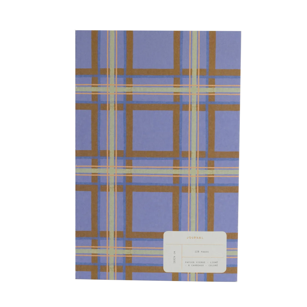Plaid patterned notebook with a visible brand label on a white background