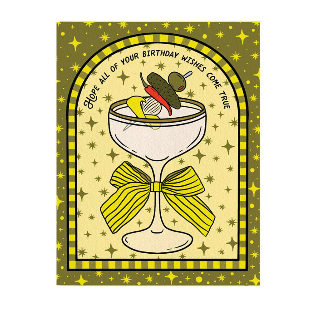 Birthday card with a dirty martini illustration and decorative elements on a yellow background. Text reads, "Hope all of your birthday wishes come true"