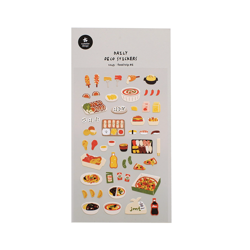 A sticker sheet filled with food like pizza, corn dogs, chicken, sushi, pickles, etc.