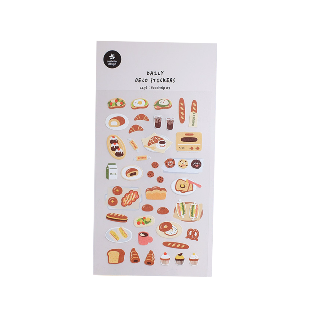 Sheet of food-themed stickers like breads, cupcakes, milk, coffee, etc.