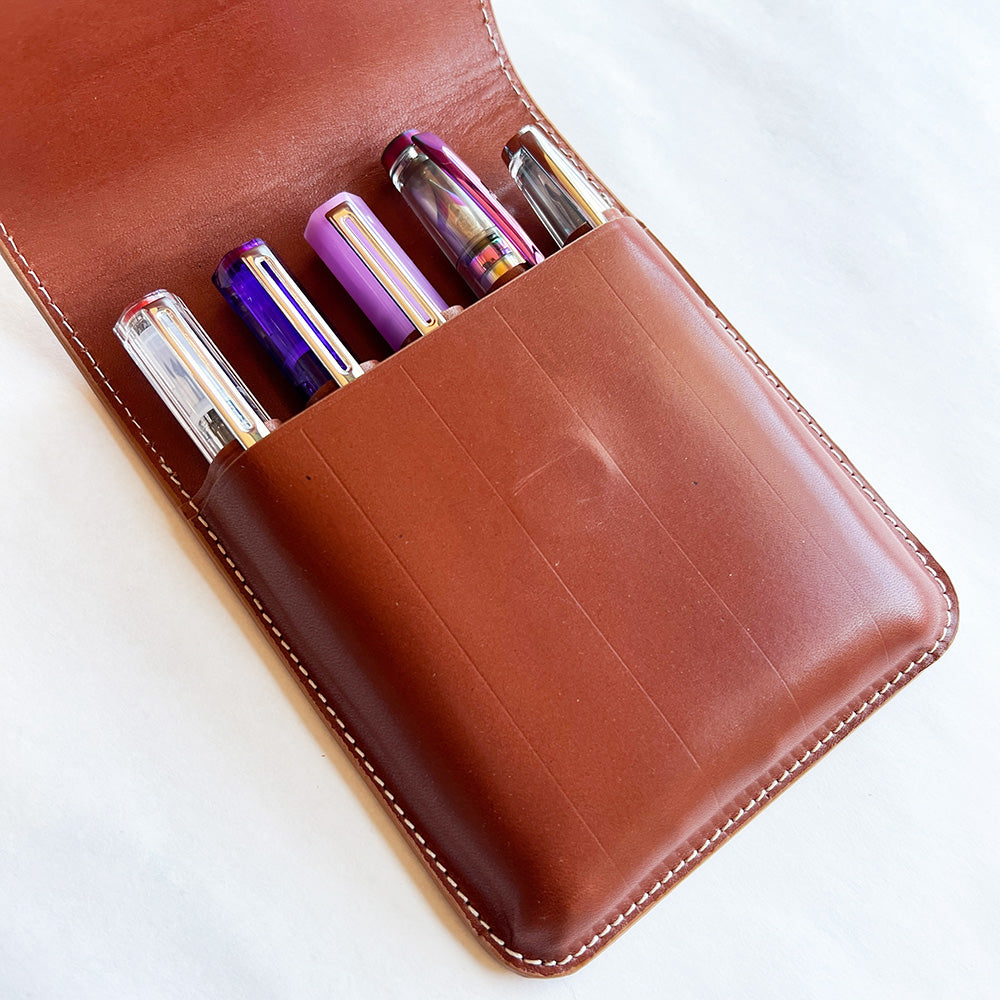 Galen Leather 5 Pen Flap Pen Case - Brown