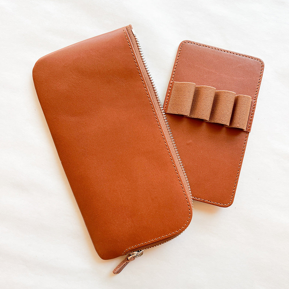 Galen Leather Slip-N-Zip 4 Slots Pen Pouch - Brown