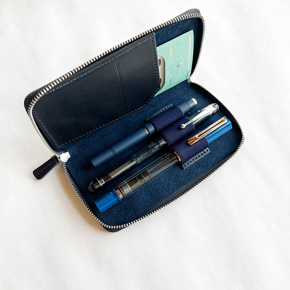 Galen Leather Zippered 3 Pen Case - Navy Blue