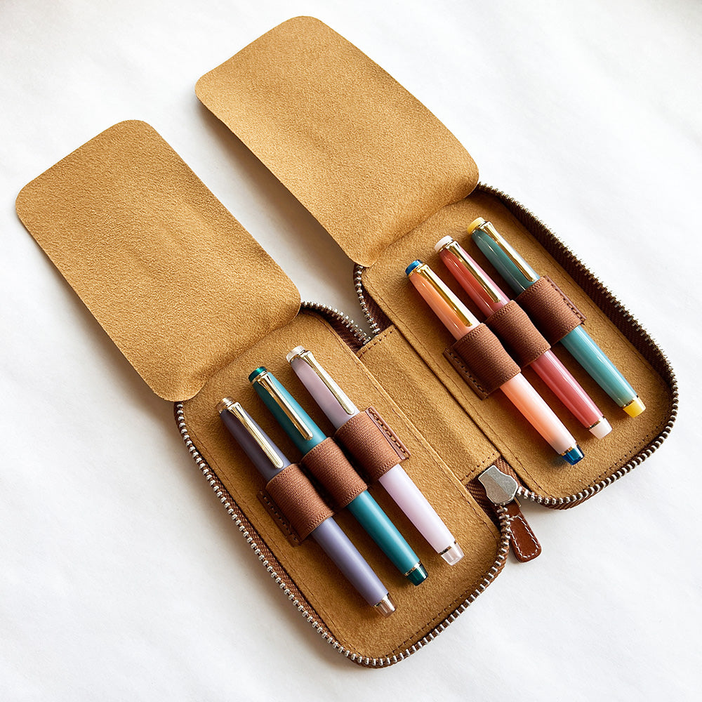 Galen Leather Zippered 6 Pen Case - Brown