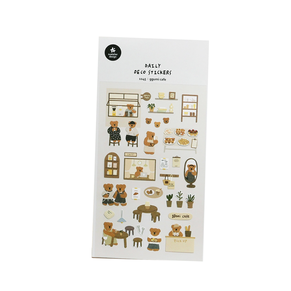 Sticker sheet of bears in a cafe with pastries, plants, seating, etc.