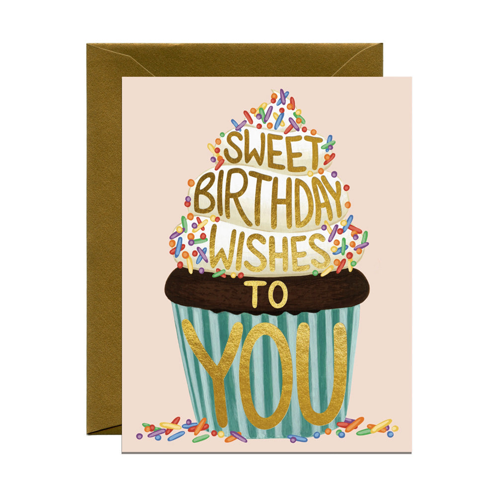 Birthday card with cupcake illustration and 'Sweet Birthday Wishes to You' text.