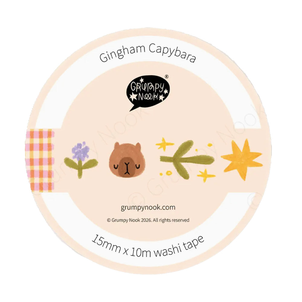 Washi tape with a gingham capybara design on a white background
