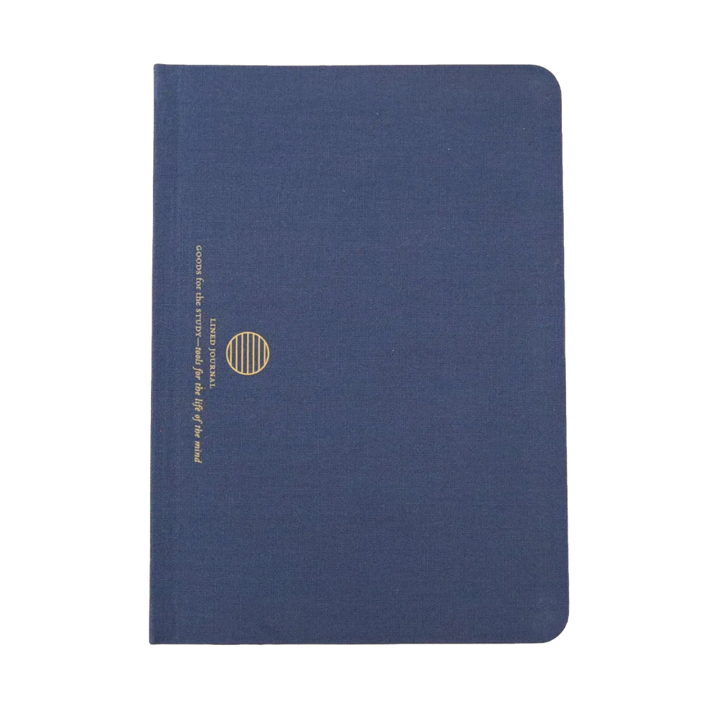 A navy blue hardcover notebook with gold foil text and a circular gold emblem on the front cover, shown against a plain white background.
