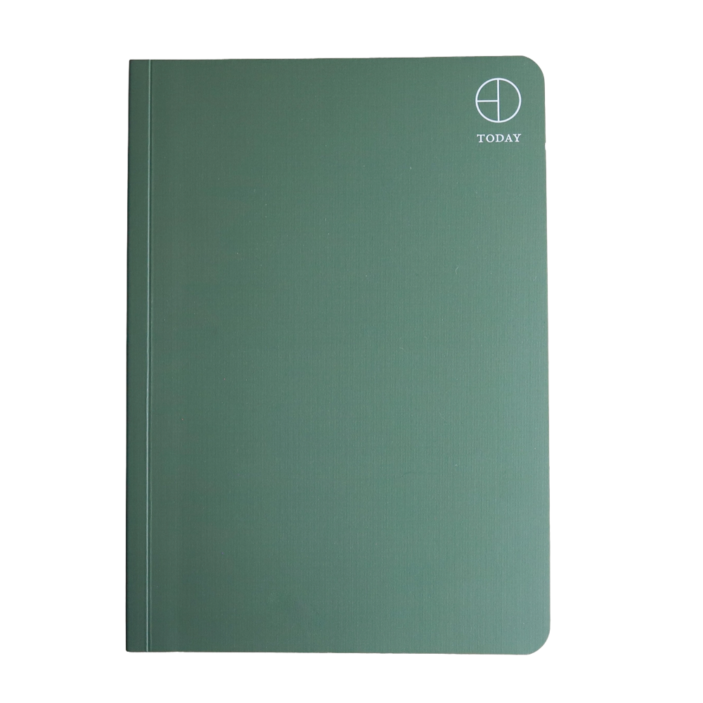 A dark green softcover notebook with rounded corners and a white TODAY logo in the top right corner, shown on a plain white background.