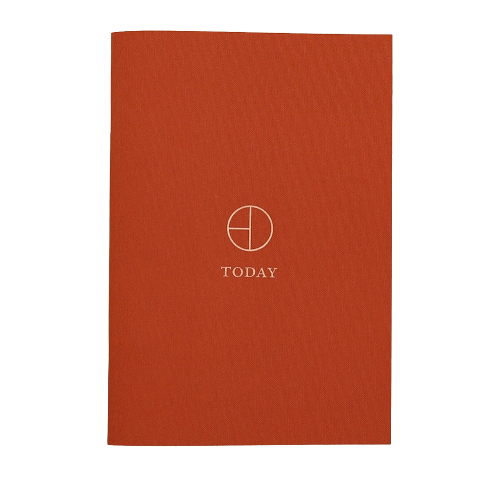 A terracotta orange textured notebook with a minimalist white circular logo and the word 'TODAY' printed in the center, shown on a plain white background.